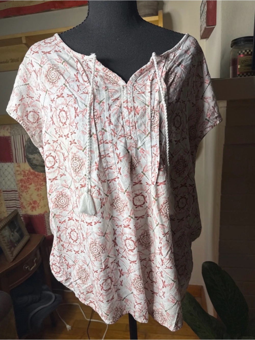 Sonoma White Tunic with Dusty Rose Print and Tassel Tie